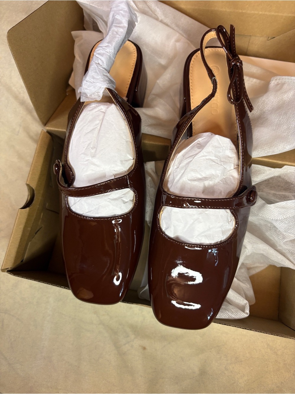 Coutgo Square Toe ,Patent Mary Jane Slingback Flats in Brown